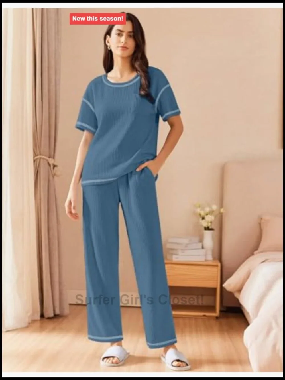 Ekouaer 2 Piece Waffle Knit Lounge Set Short Sleeve Top and Long Pants Pajama